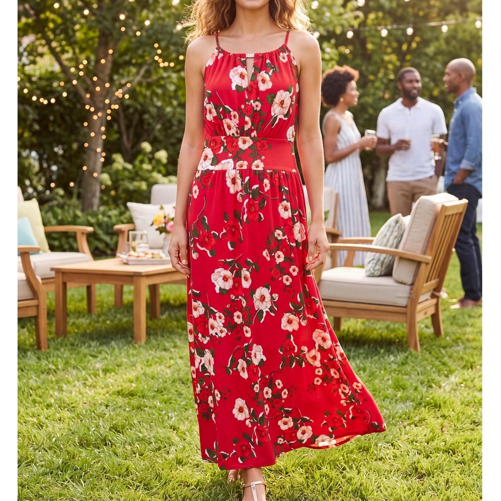 Anna Morgan Red Floral Maxi Dress Halter Keyhole Gold Hardware Medium